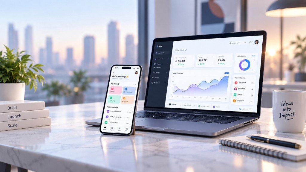 Laptop and phone showing a product dashboard on a studio desk