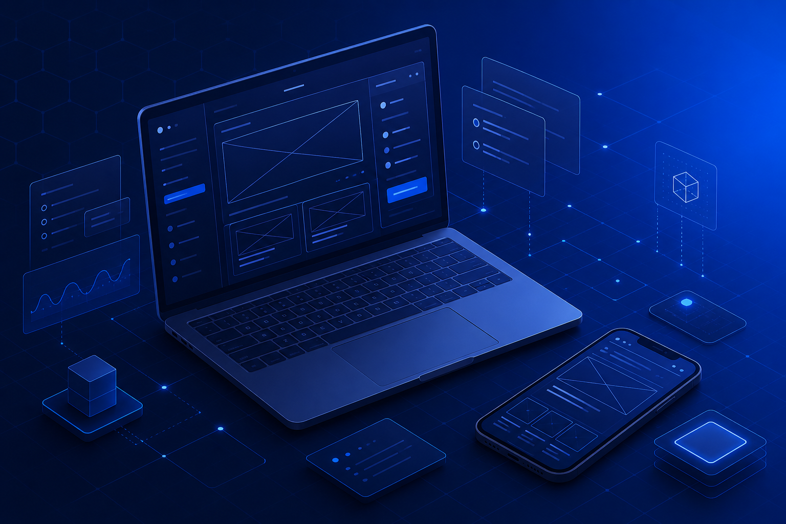 Abstract illustration of a web platform with laptop, dashboards and connected services