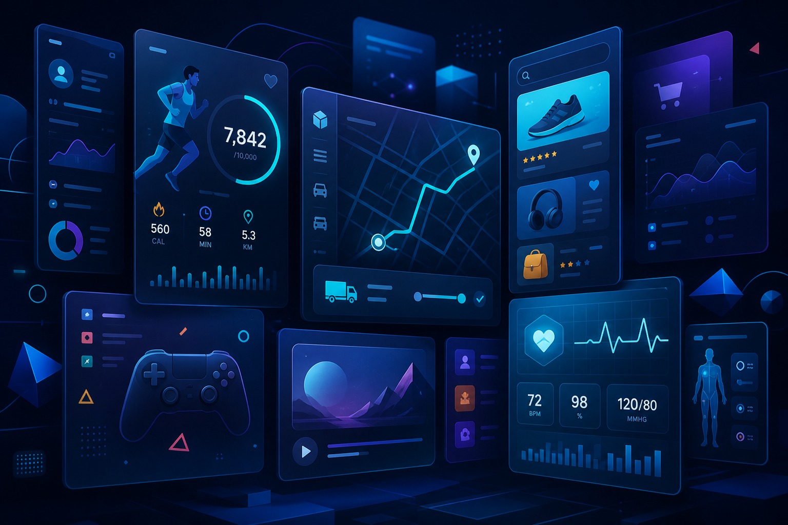 Abstract mosaic of product screens representing AppsAura portfolio work